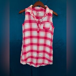 Plaid Sleeveless Top - Hot Pink, Pale Blue and White